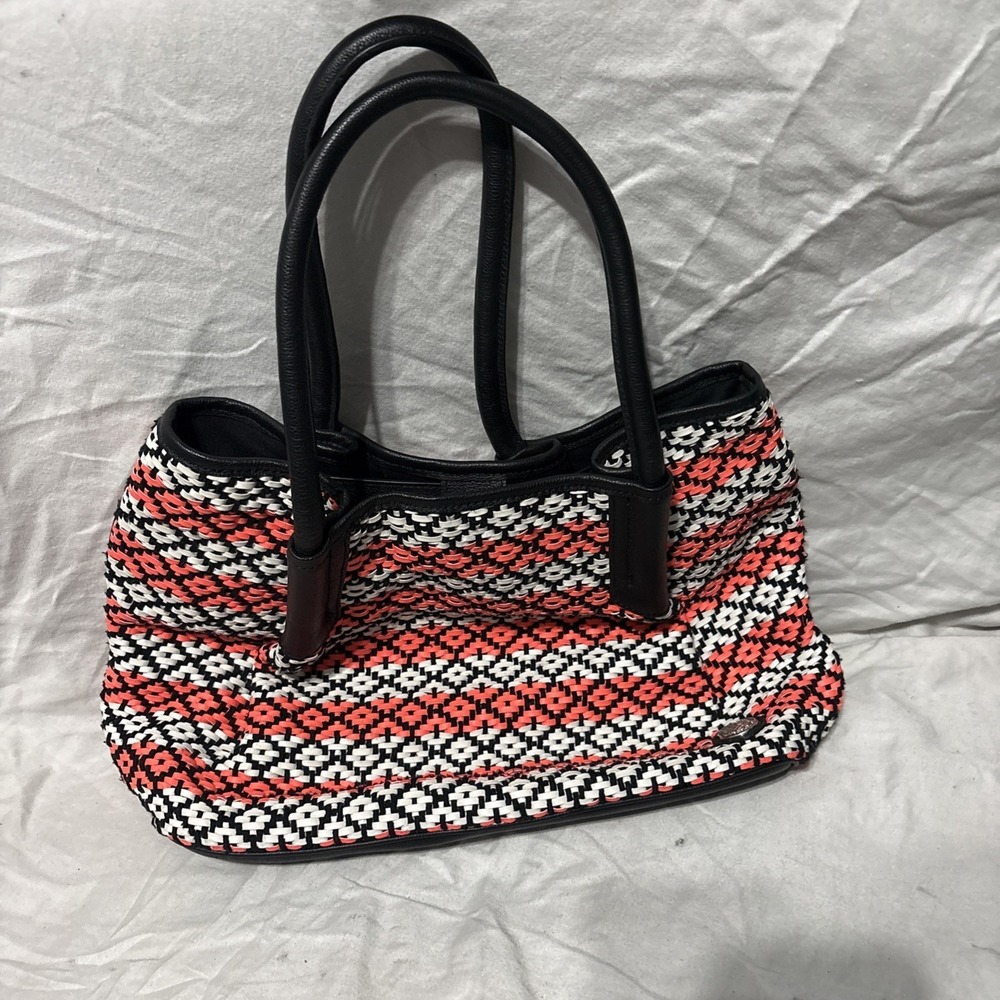 vince camuto Leather Woven orange and black Tote Purse Bag Boho Fringe No Tassel